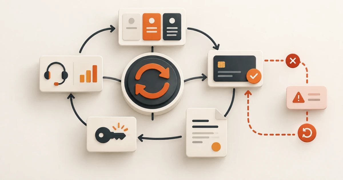 The SaaS revenue-to-access operating loop A SaaS subscription loop connecting plan selection, checkout, invoices, product access, support, and failed-payment recovery
