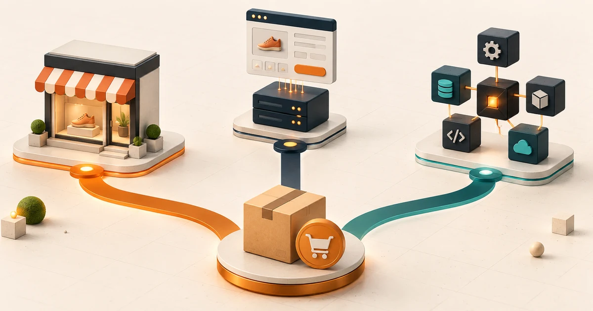 One commerce order branching toward a ready-made storefront, a headless commerce layer, and a fully custom modular system