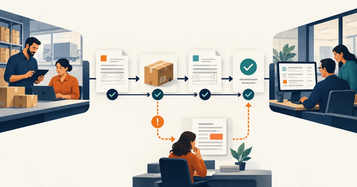 Supplier and buyer teams connected through an ordered document, shipment, approval, and exception workflow