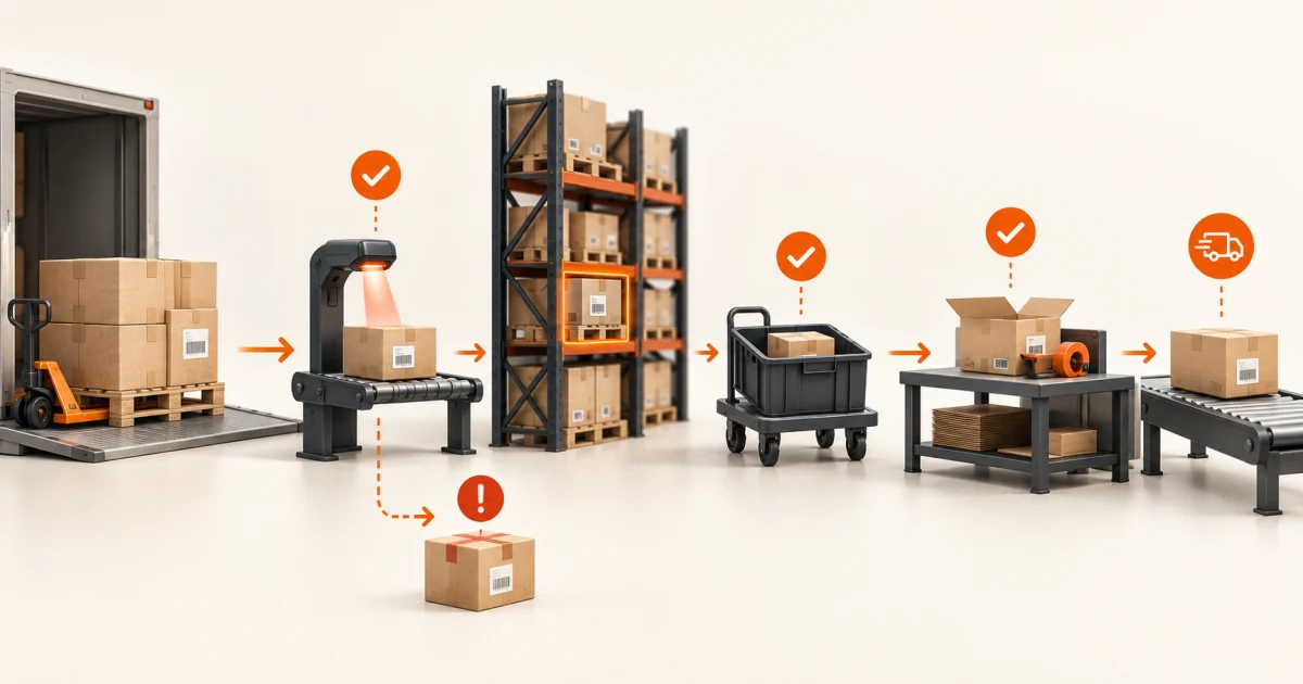 Warehouse unit moving through receiving, scanning, storage, picking, packing, and dispatch with an exception branch