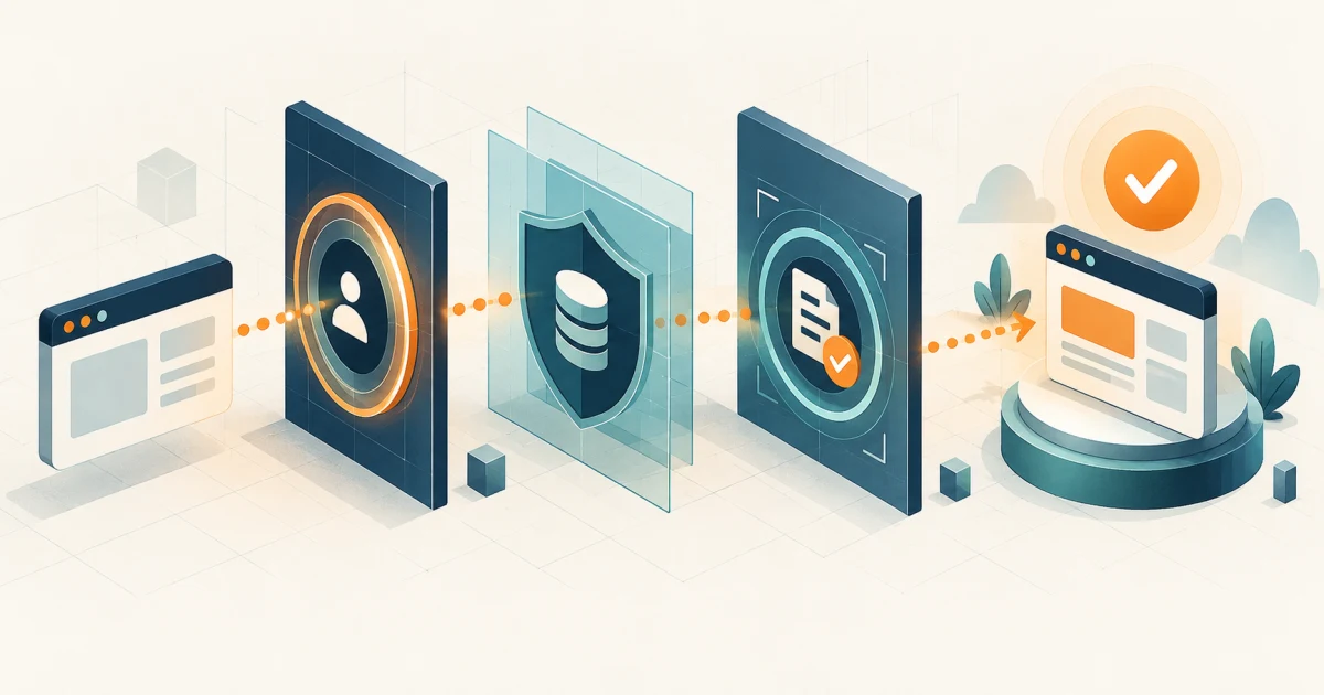 Security requirements as release gates A web application moving through identity, data protection, and verification security gates before release