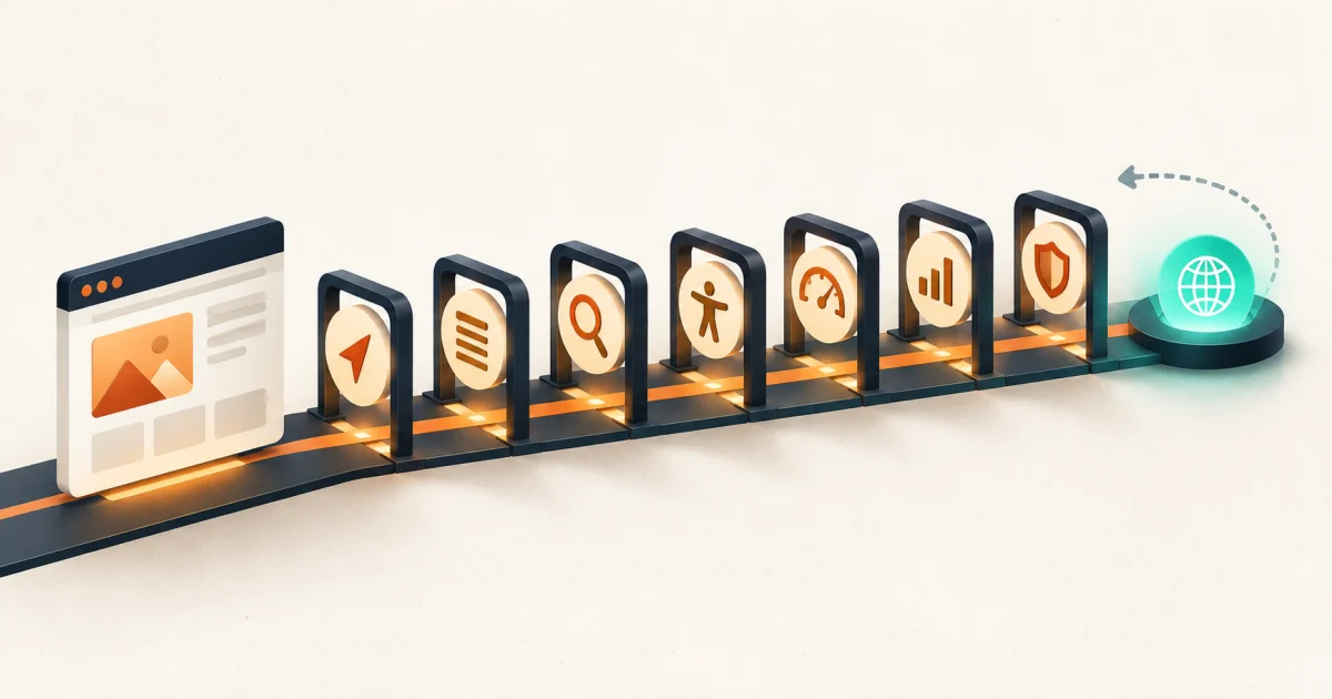 Proof-based website launch gates A website interface moving through seven verification gates toward a live status beacon with a rollback path