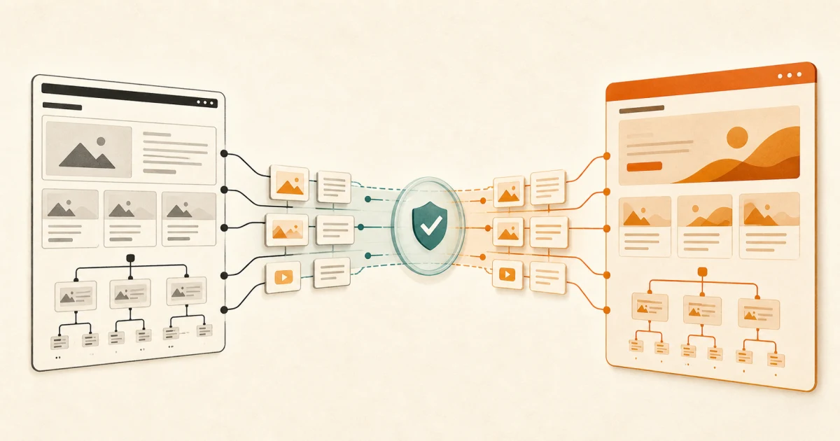Established website content and routes passing through a controlled migration checkpoint into a redesigned site
