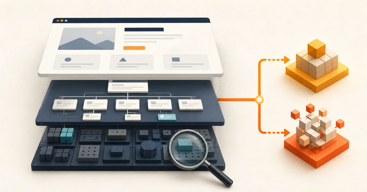 Layered business website being audited across its interface, page structure, and technical foundation before a redesign or rebuild decision