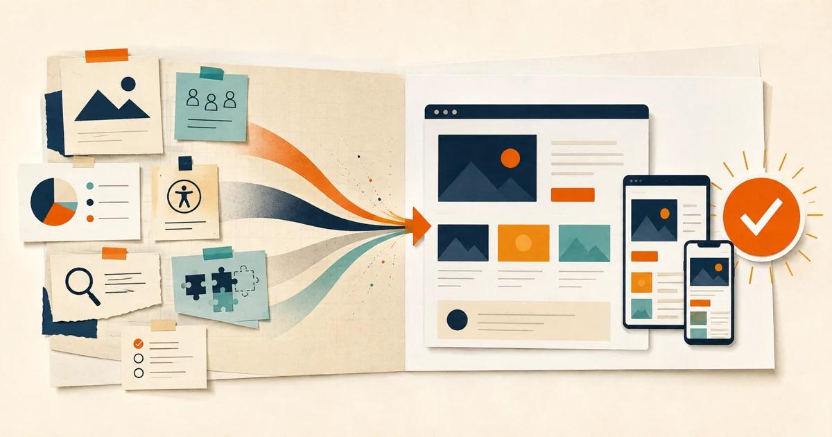 Loose audience, content, accessibility, search, and integration notes converging into a responsive website with a verified launch checkpoint
