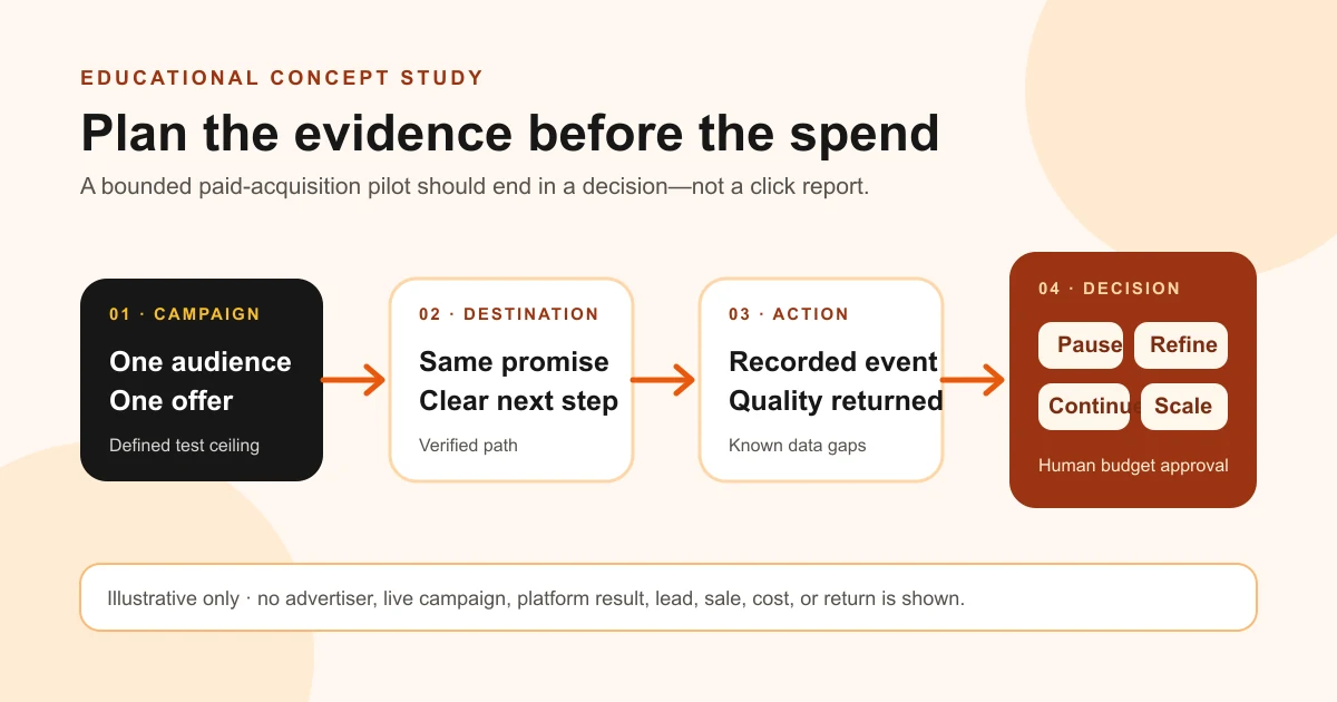 Illustrative ChatGPT Ads pilot connecting campaign delivery, a focused destination, a business action, and a budget decision