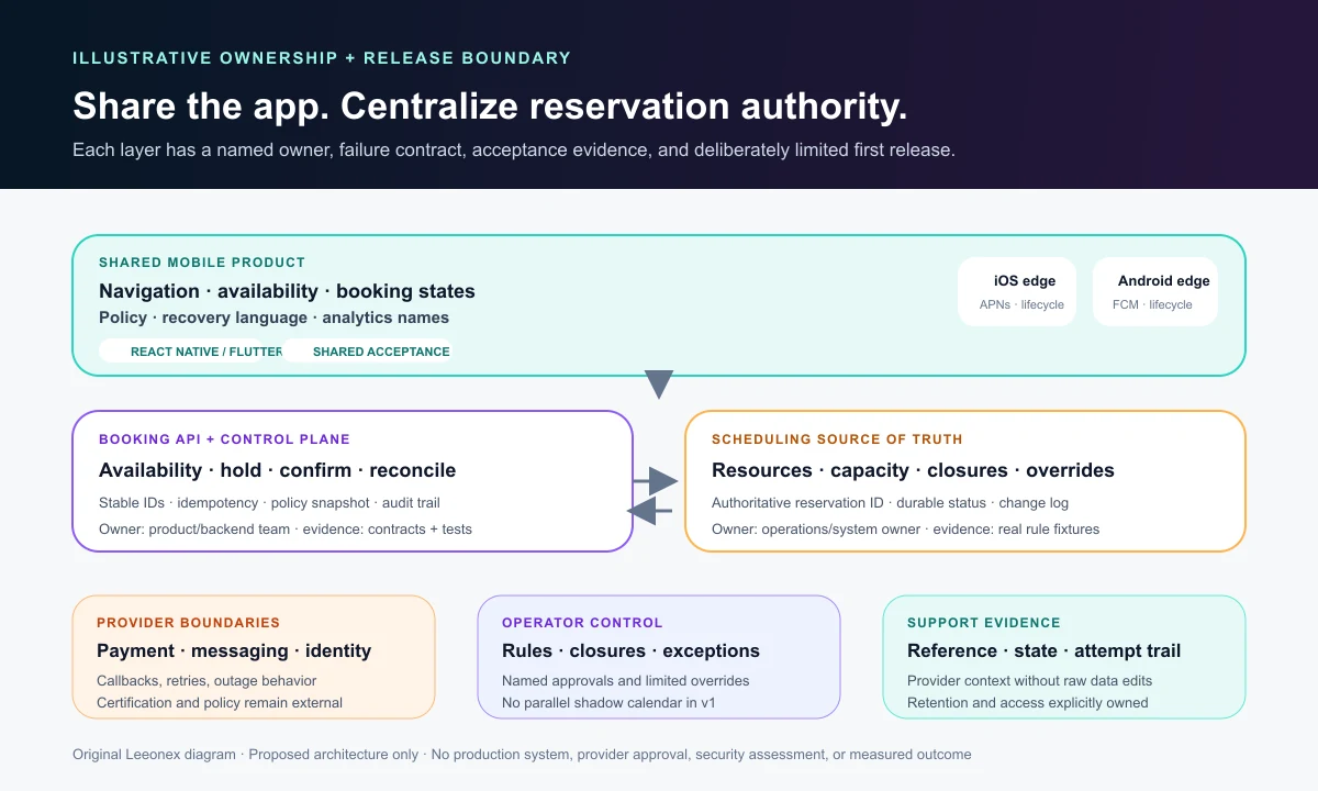 Ownership map separating shared mobile experience, booking API rules, scheduling source of truth, provider integrations, and operational support