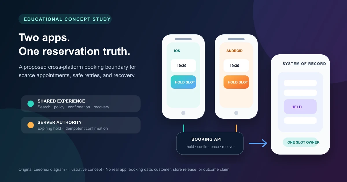 Illustrative iOS and Android booking app clients using one authoritative reservation loop