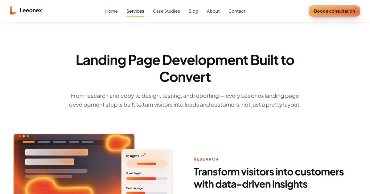 Leeonex landing page conversion system section introducing research before layout decisions