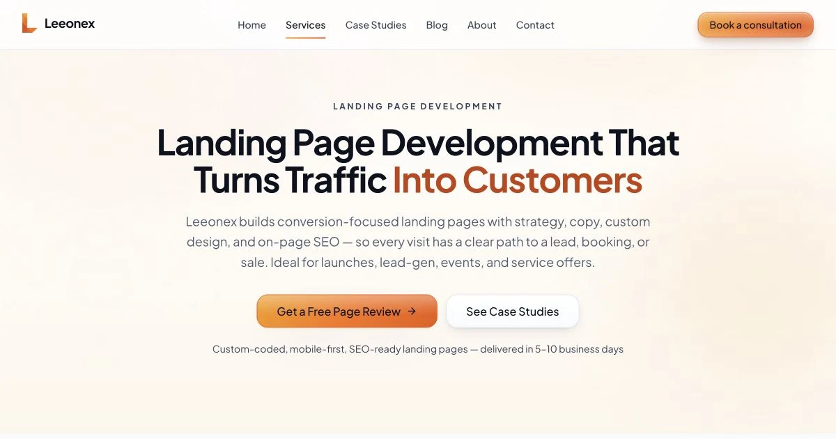Leeonex landing page development service hero with a focused promise and two calls to action