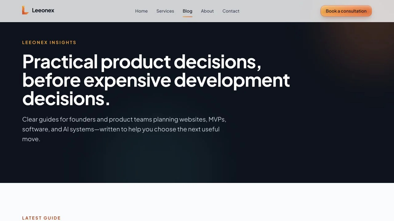 Leeonex insights page introducing practical product decision guides