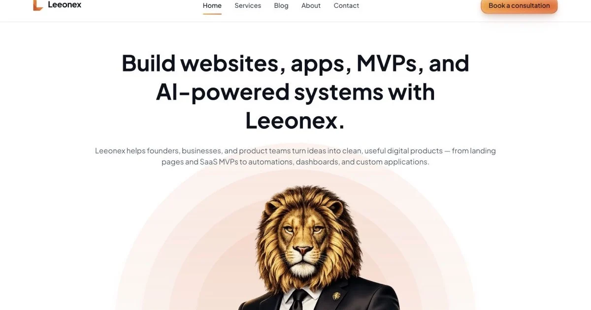 Leeonex homepage introducing websites, apps, MVPs, and AI-powered systems