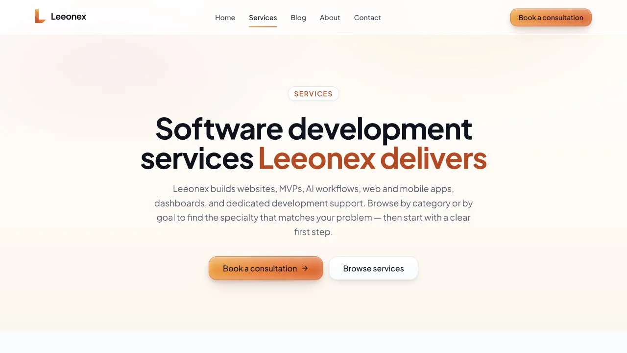 Leeonex services page introducing its software development categories