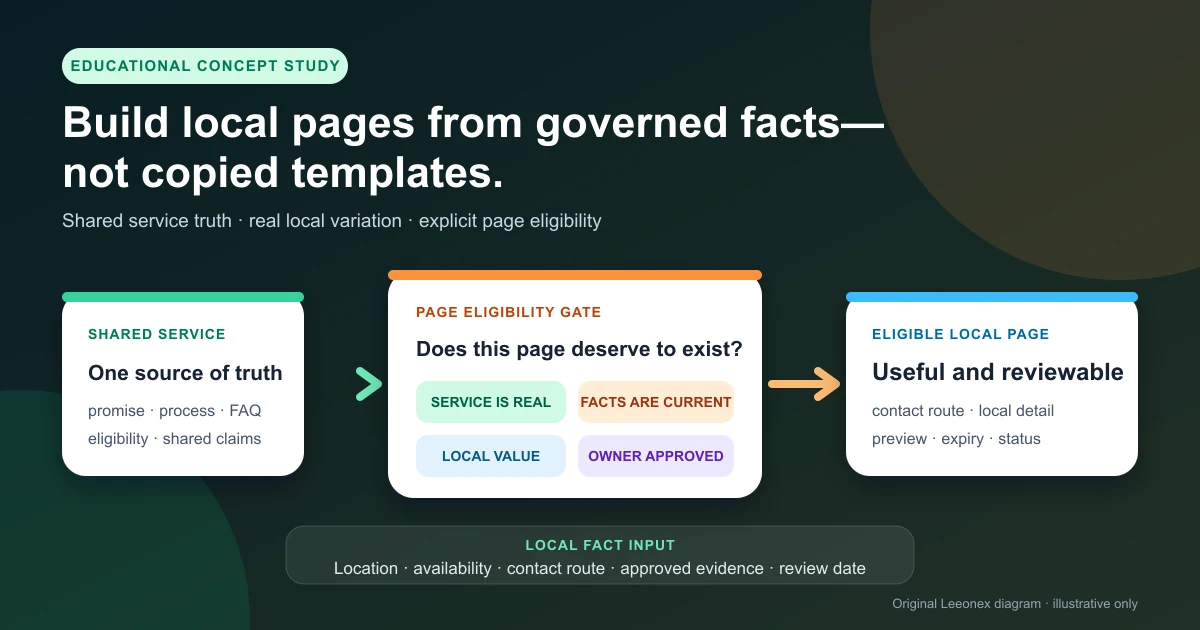 Educational concept diagram showing shared service content and verified local facts combining into eligible multi-location website pages
