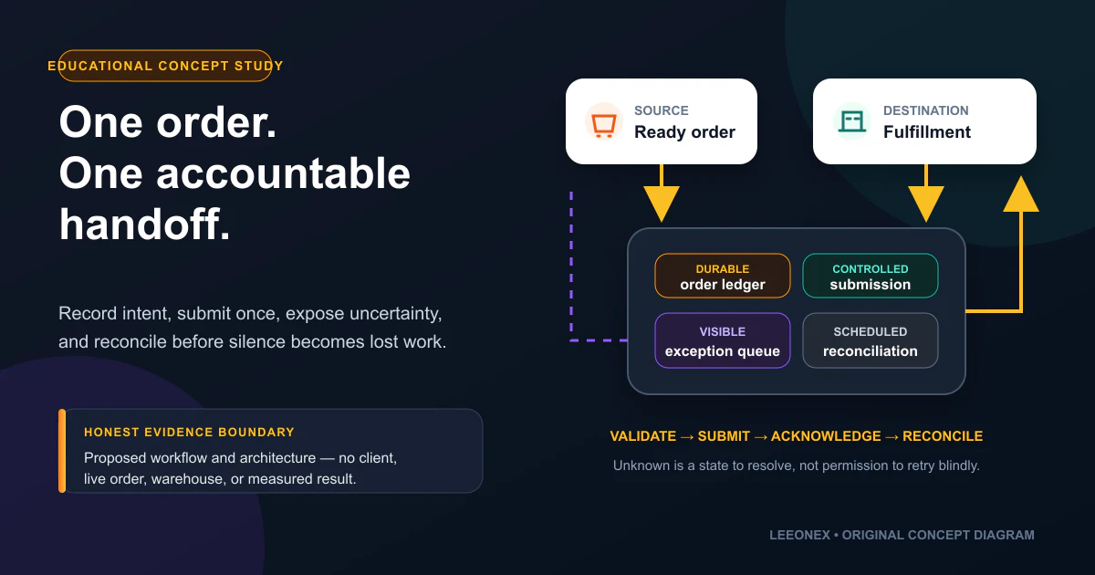 Illustrative order-to-fulfillment integration with a durable order ledger, controlled submission, exception handling, and reconciliation