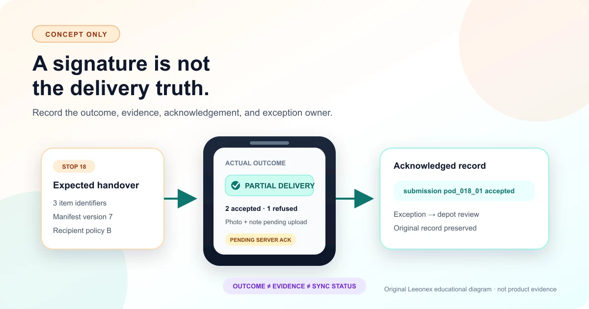 Concept diagram showing a driver app turning a delivery stop into an evidence bundle, explicit outcome, and acknowledged operations record
