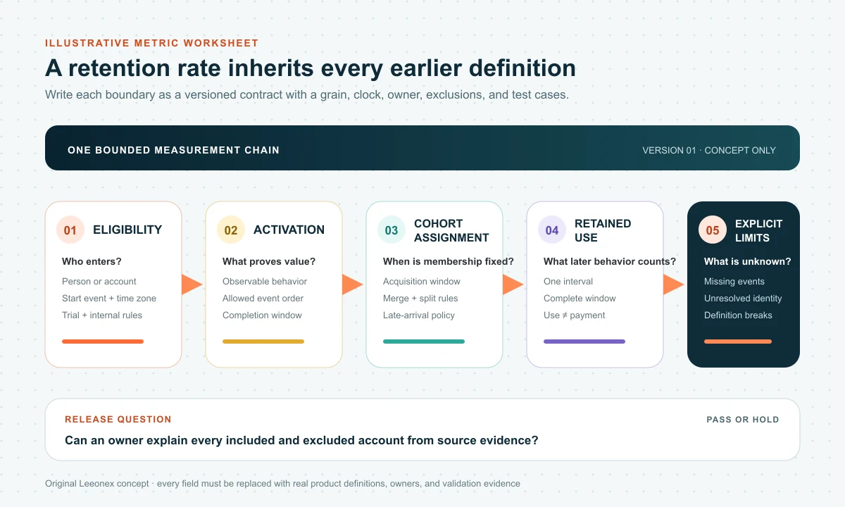 Illustrative metric contract chain defining signup eligibility, meaningful activation, cohort assignment, retained use, and explicit exclusions