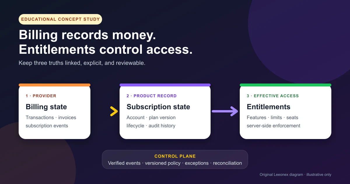 Educational concept diagram separating SaaS billing provider events, internal subscription state, entitlement policy, and product access