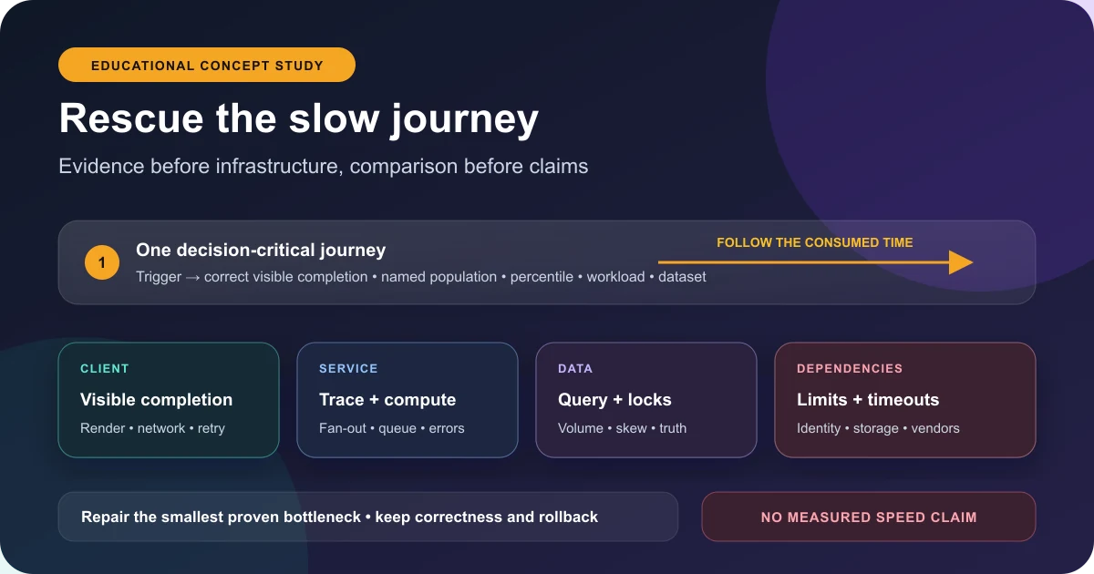 Illustrative slow B2B web application journey measured across client, service, data, and dependency layers before a bounded repair