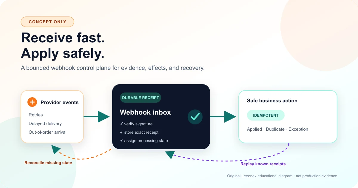 Concept architecture showing provider webhooks entering an authenticated durable inbox before safe business processing, replay, and reconciliation