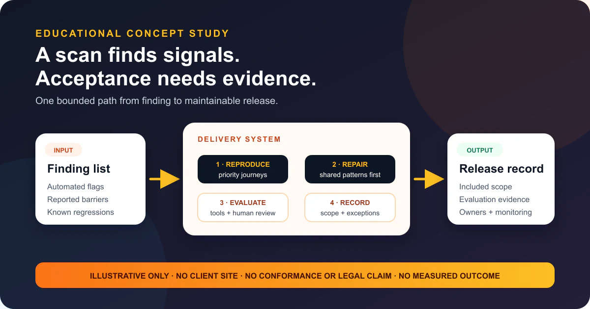 Educational concept diagram showing accessibility findings moving from a scan into journey review, reusable repairs, combined evaluation, and a bounded release record