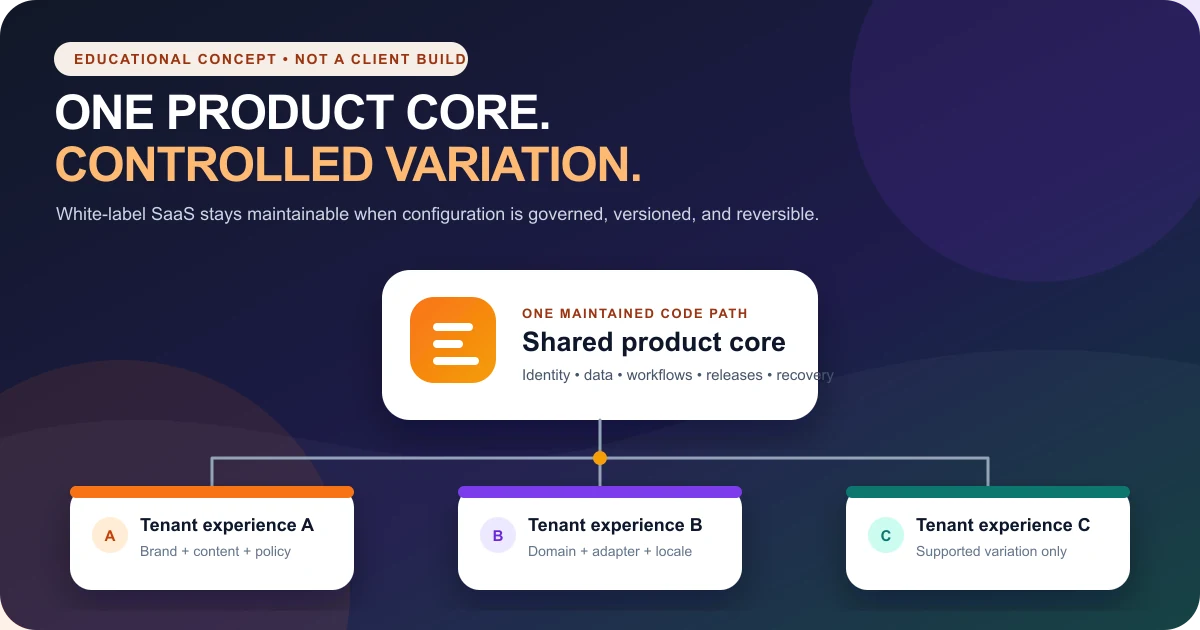 Illustrative white-label SaaS architecture with one shared product core serving three governed tenant experiences